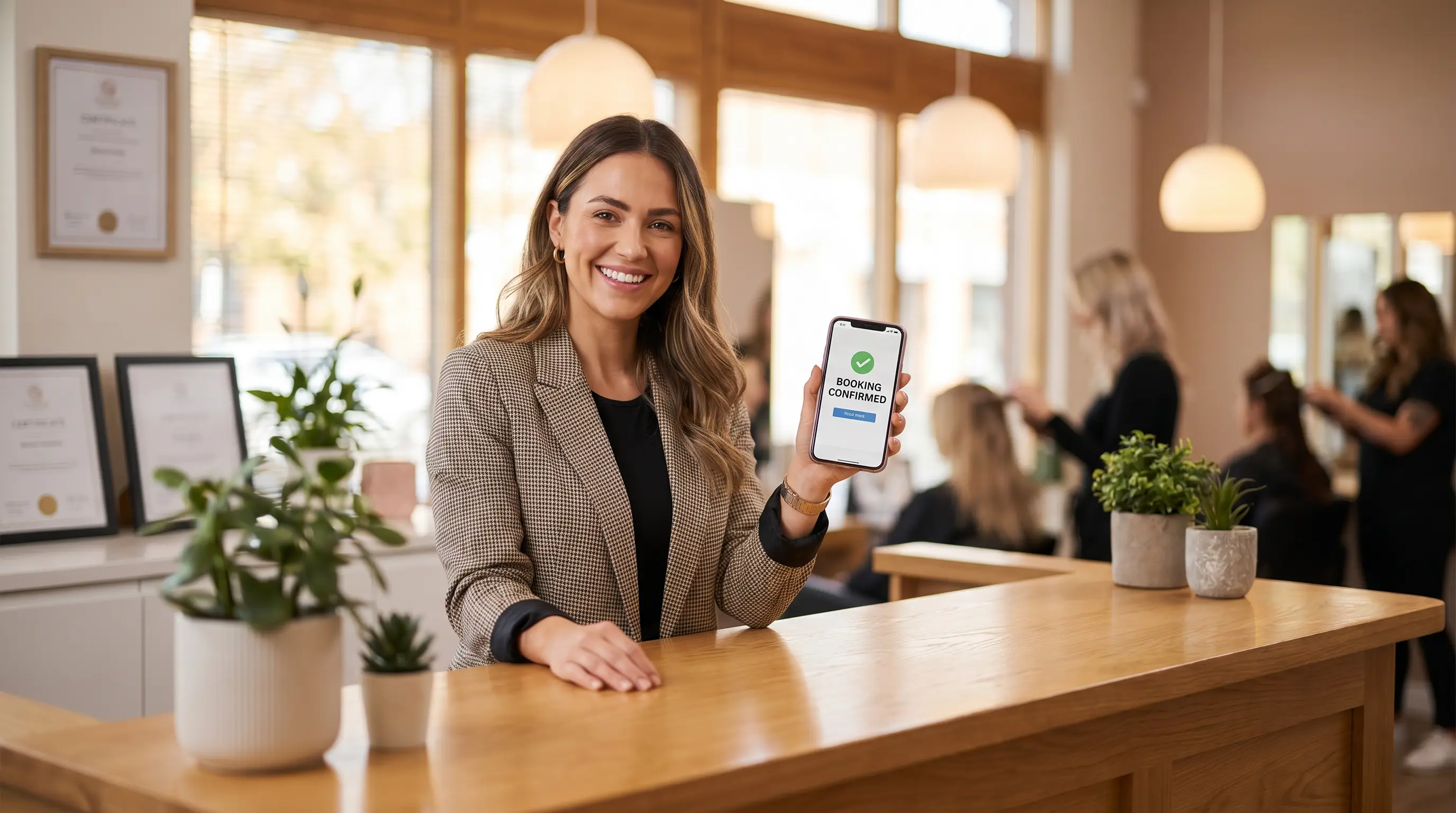 Dona de salão a comparar alternativas ao Fresha num tablet na receção