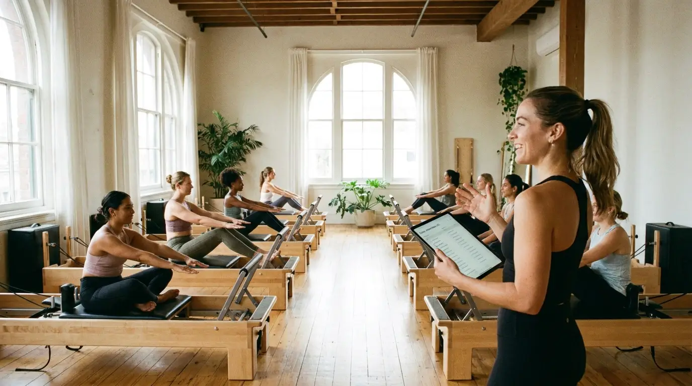 Estudio de pilates com grupo de alunas e instrutor a consultar tablet