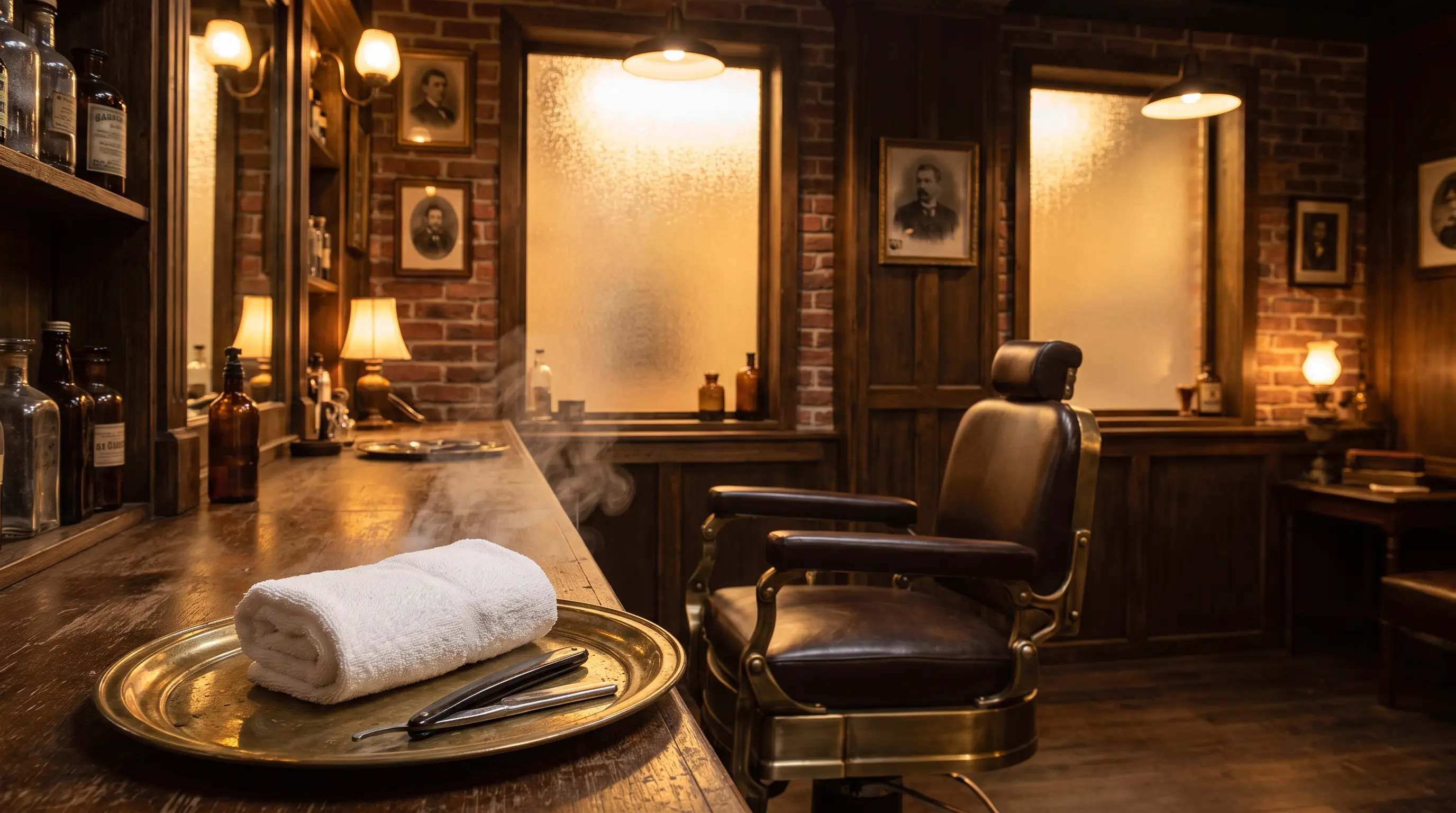 Interior de barbearia classica com cadeira de barbeiro e navalha