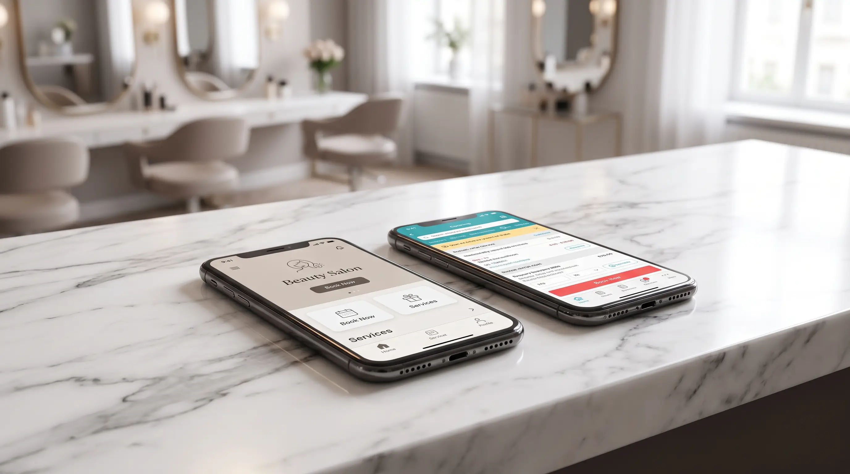 Dois smartphones lado a lado a comparar apps de marcacoes num balcao de salao