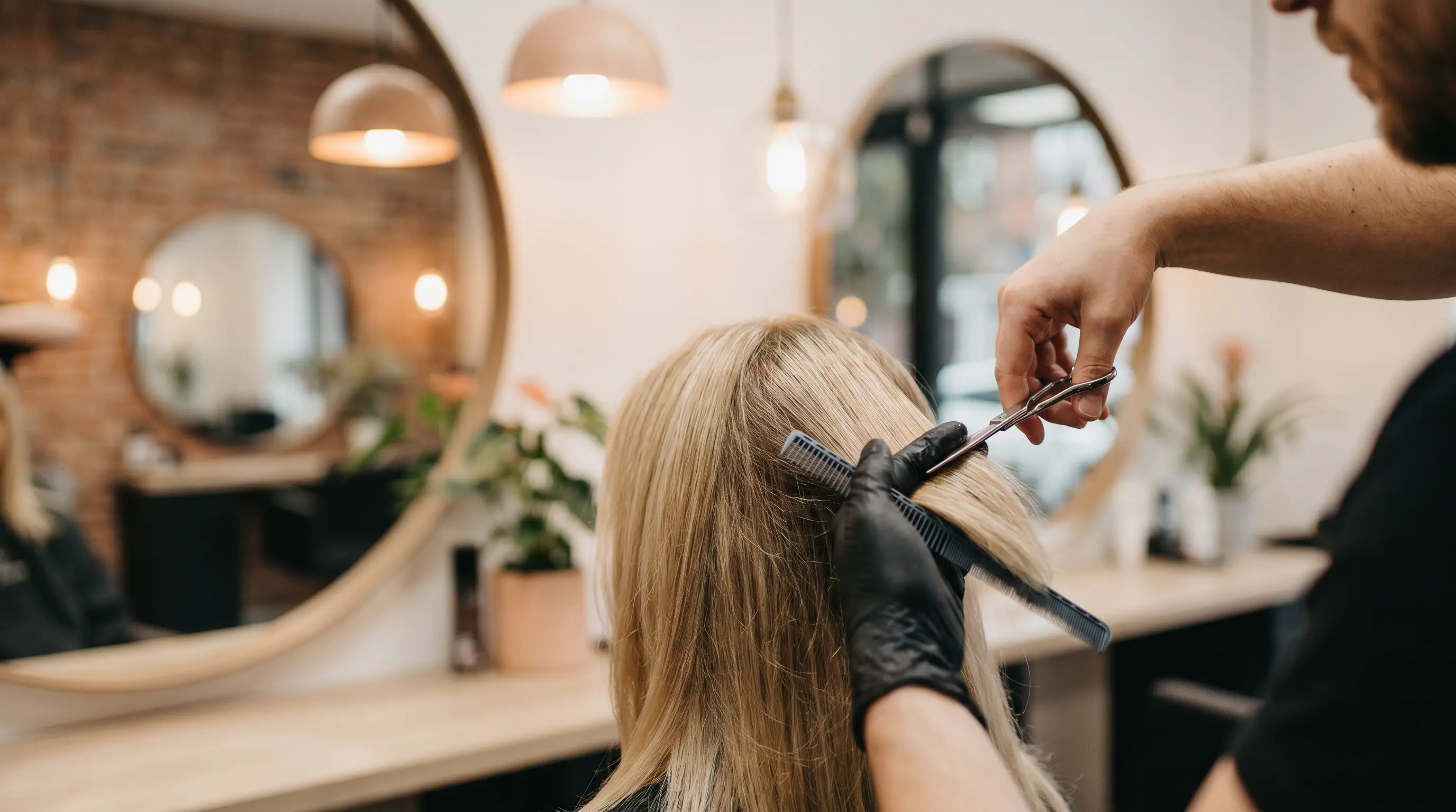 Cabeleireira a cortar cabelo de cliente num salao moderno