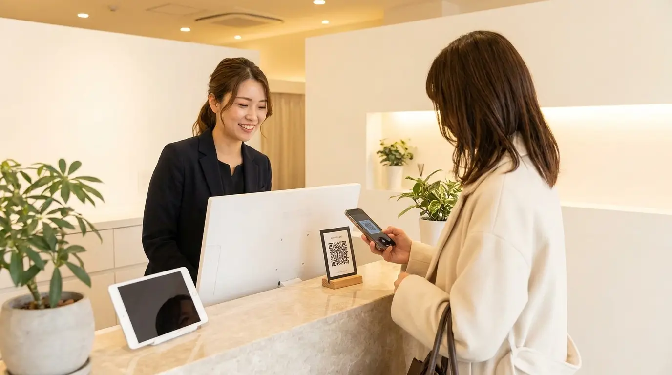 Cliente a fazer check-in com QR code no balcao de rececao de um salao