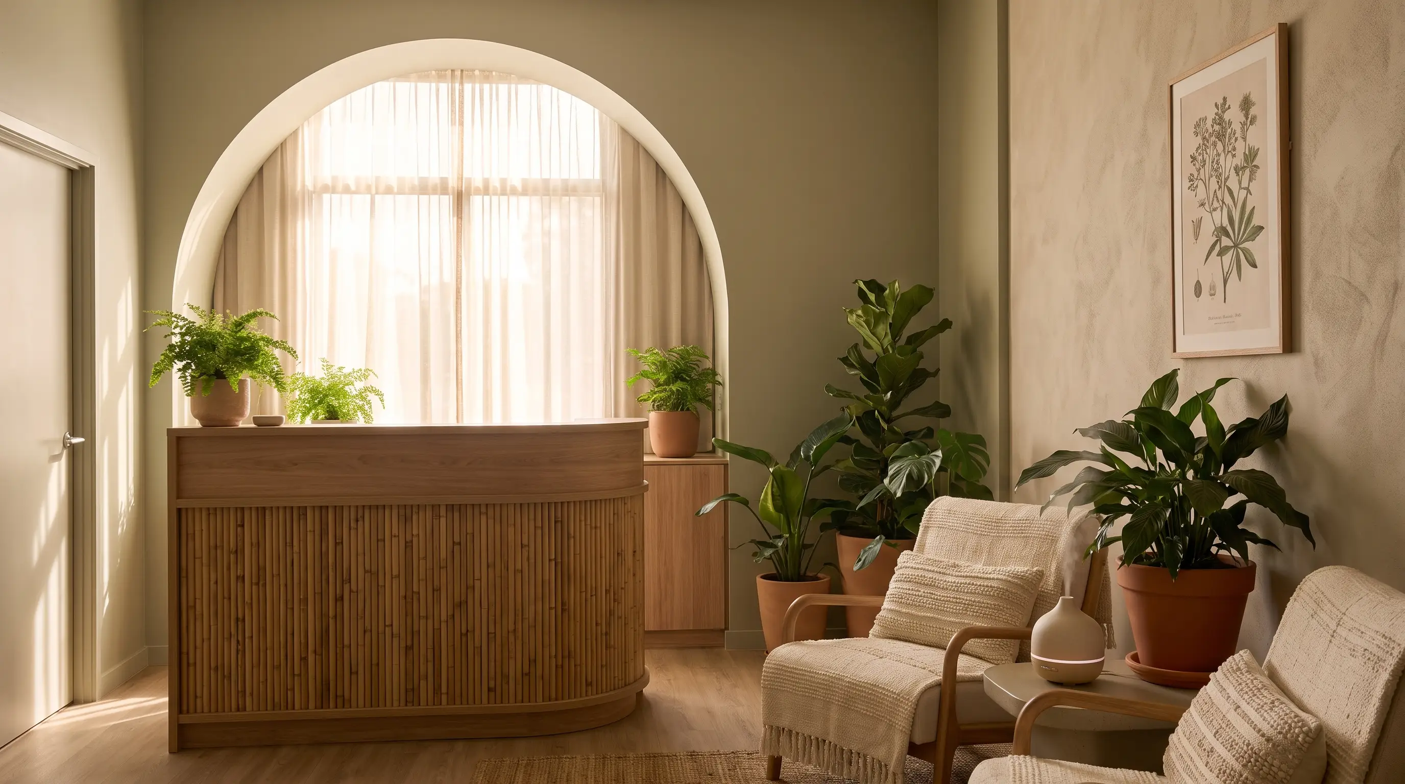 Rececao de clinica de bem-estar com plantas e luz natural