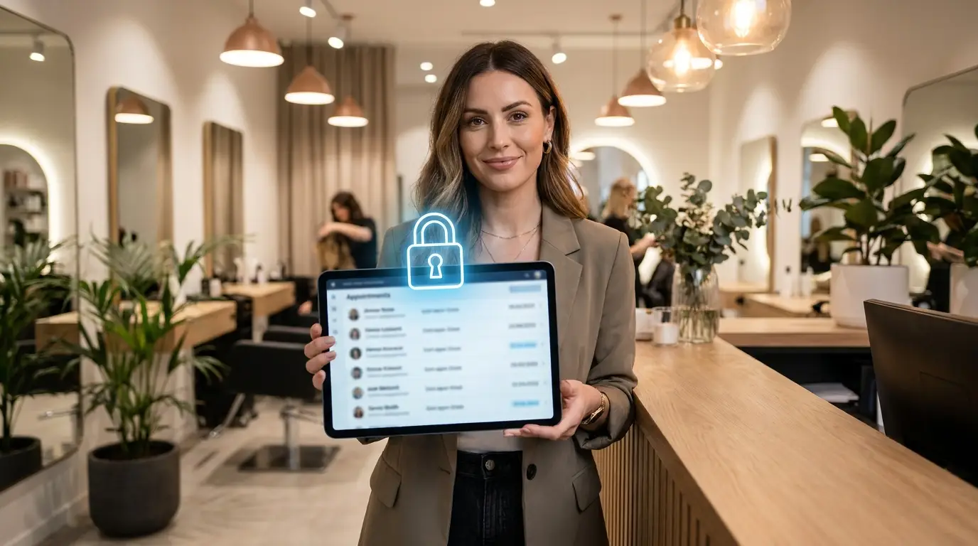 Dona de salao a segurar tablet com lista de clientes protegida por cadeado digital