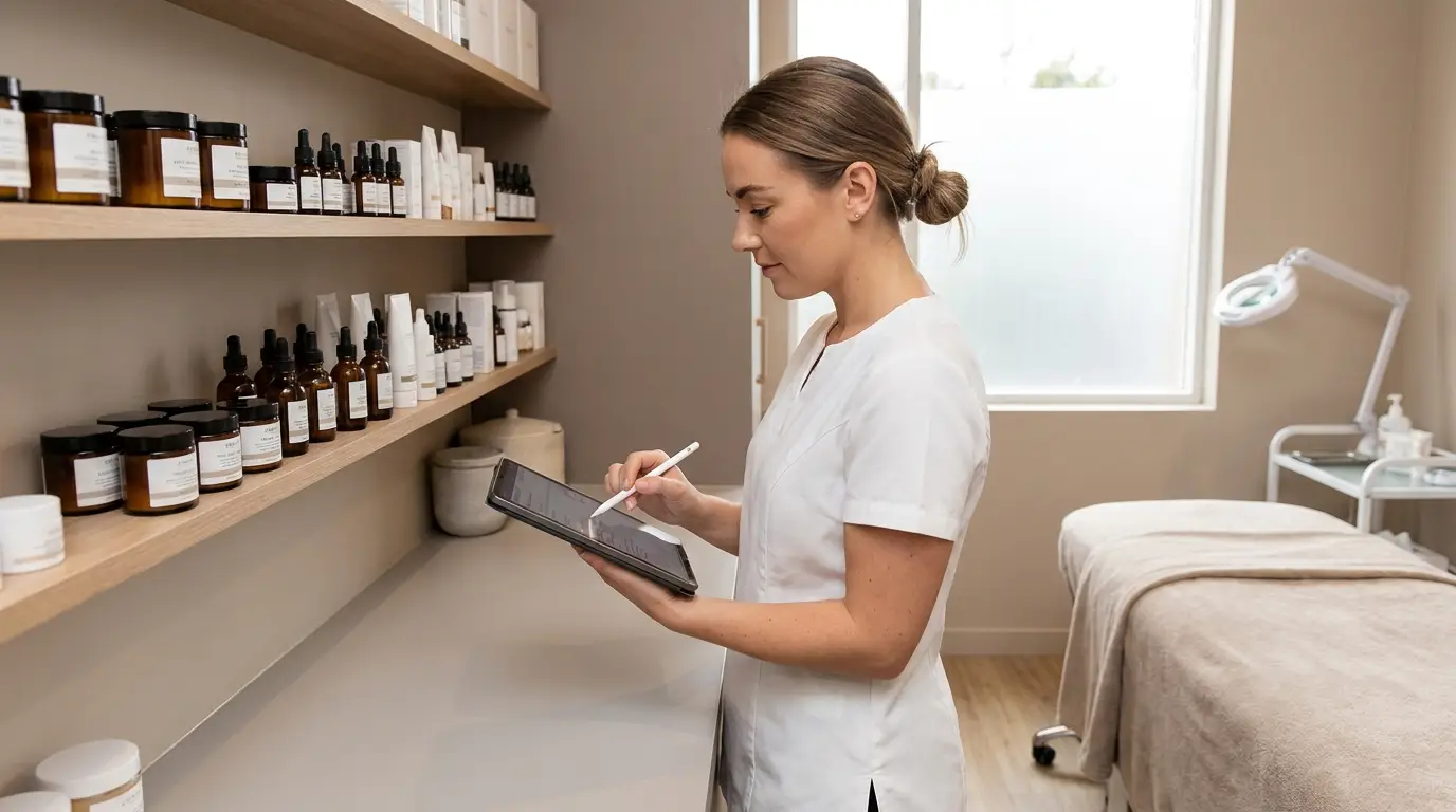 Esteticista a preencher ficha de cliente num tablet antes de um tratamento facial