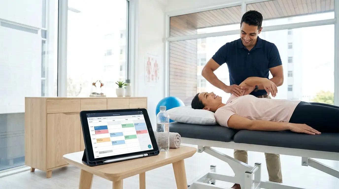 Fisioterapeuta a tratar paciente numa clinica moderna com tablet de marcacoes