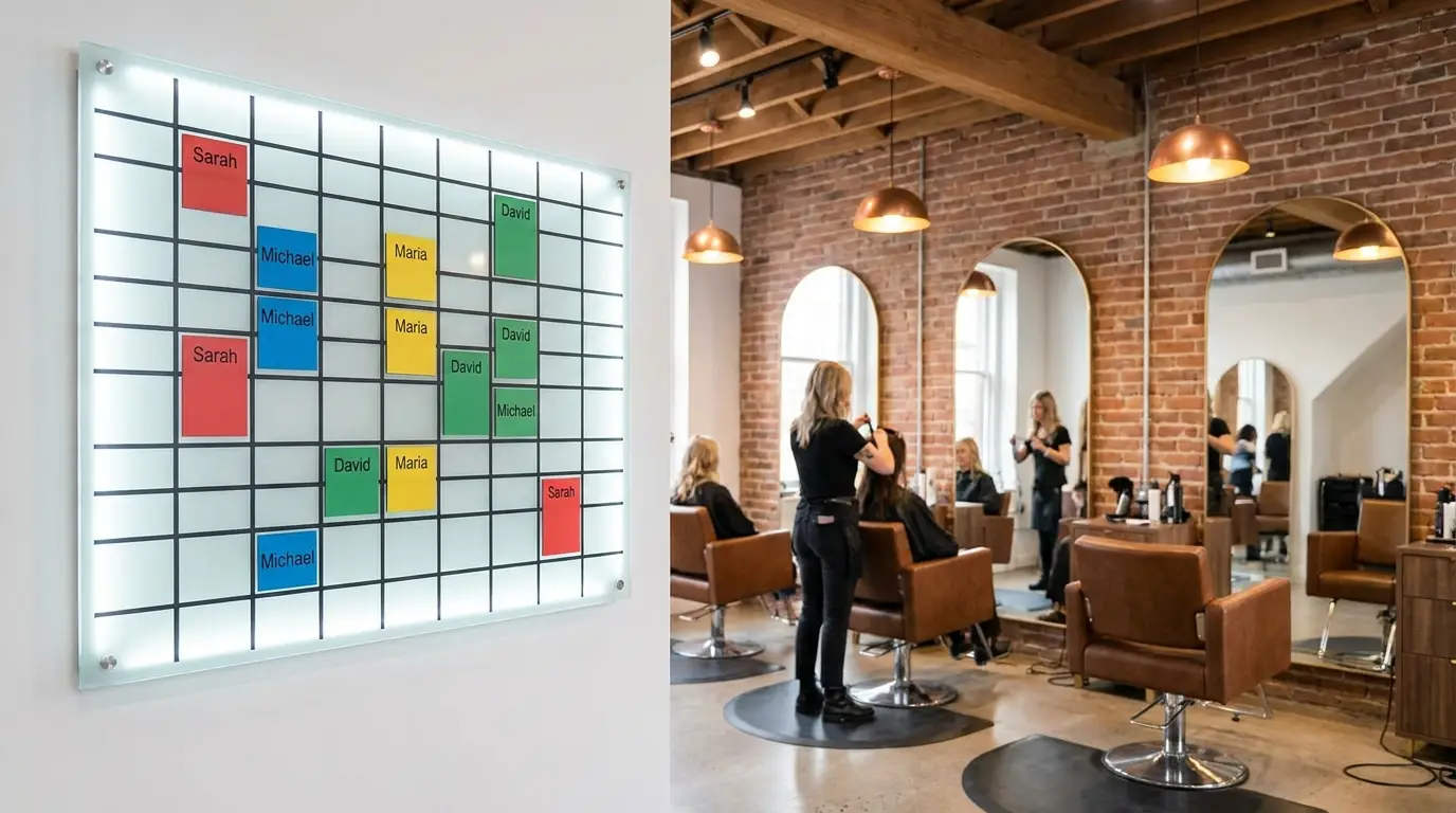 Quadro de horarios de equipa num salao com blocos de cor por profissional