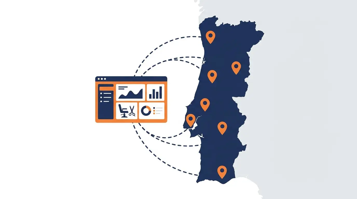 Mapa de Portugal com pins em varias cidades ligados a um painel de gestao central