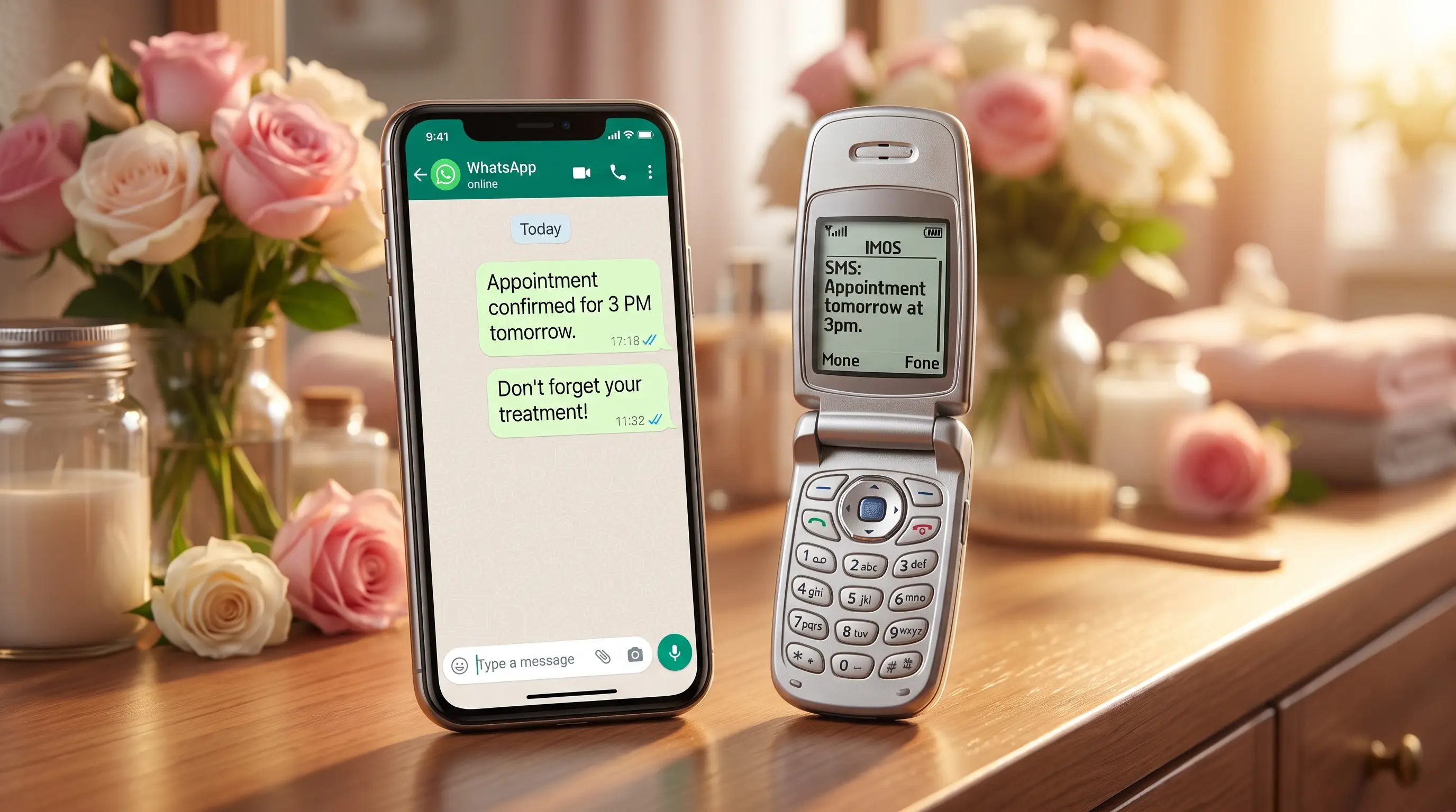 Smartphones a mostrar notificacoes de WhatsApp e SMS no balcao de um salao