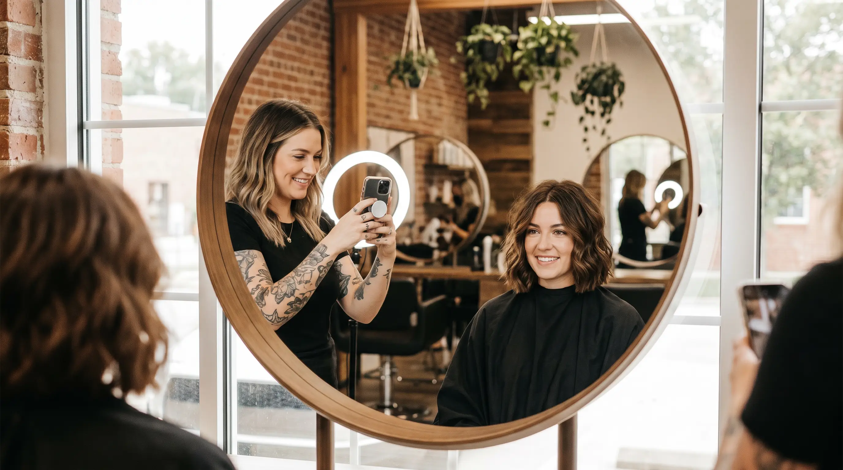 Cabeleireiro a fotografar penteado de cliente para redes sociais