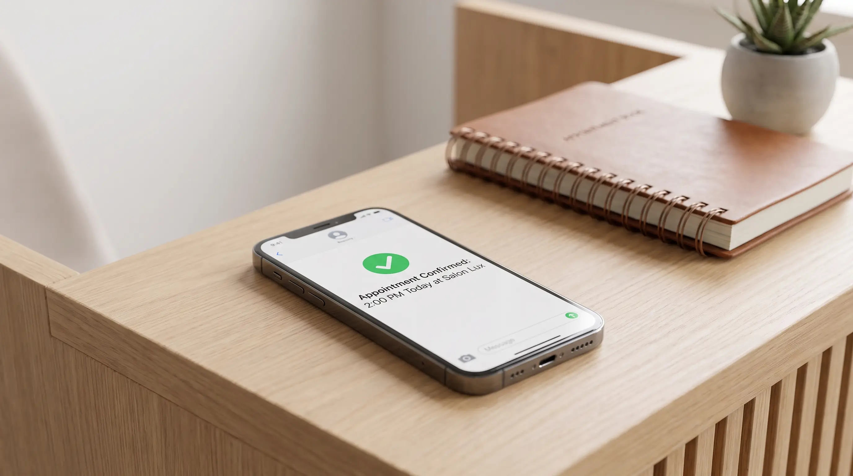 Smartphone com notificacao de confirmacao de marcacao e livro de agendamentos