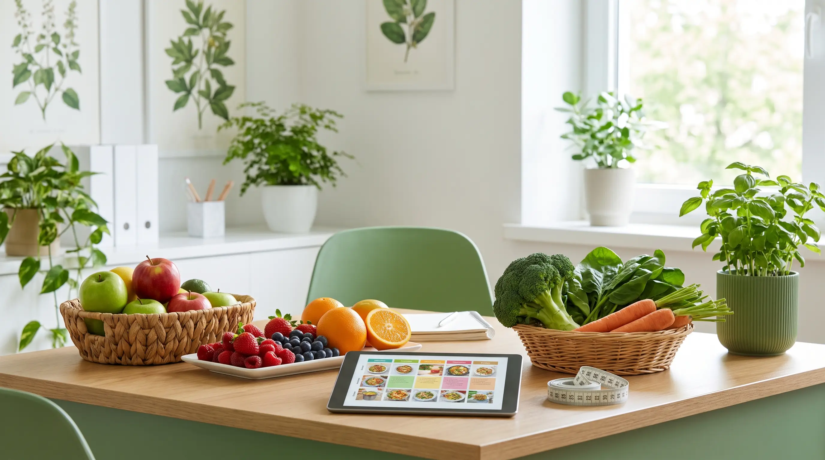 Consultorio de nutricionista com frutas e tablet com plano alimentar
