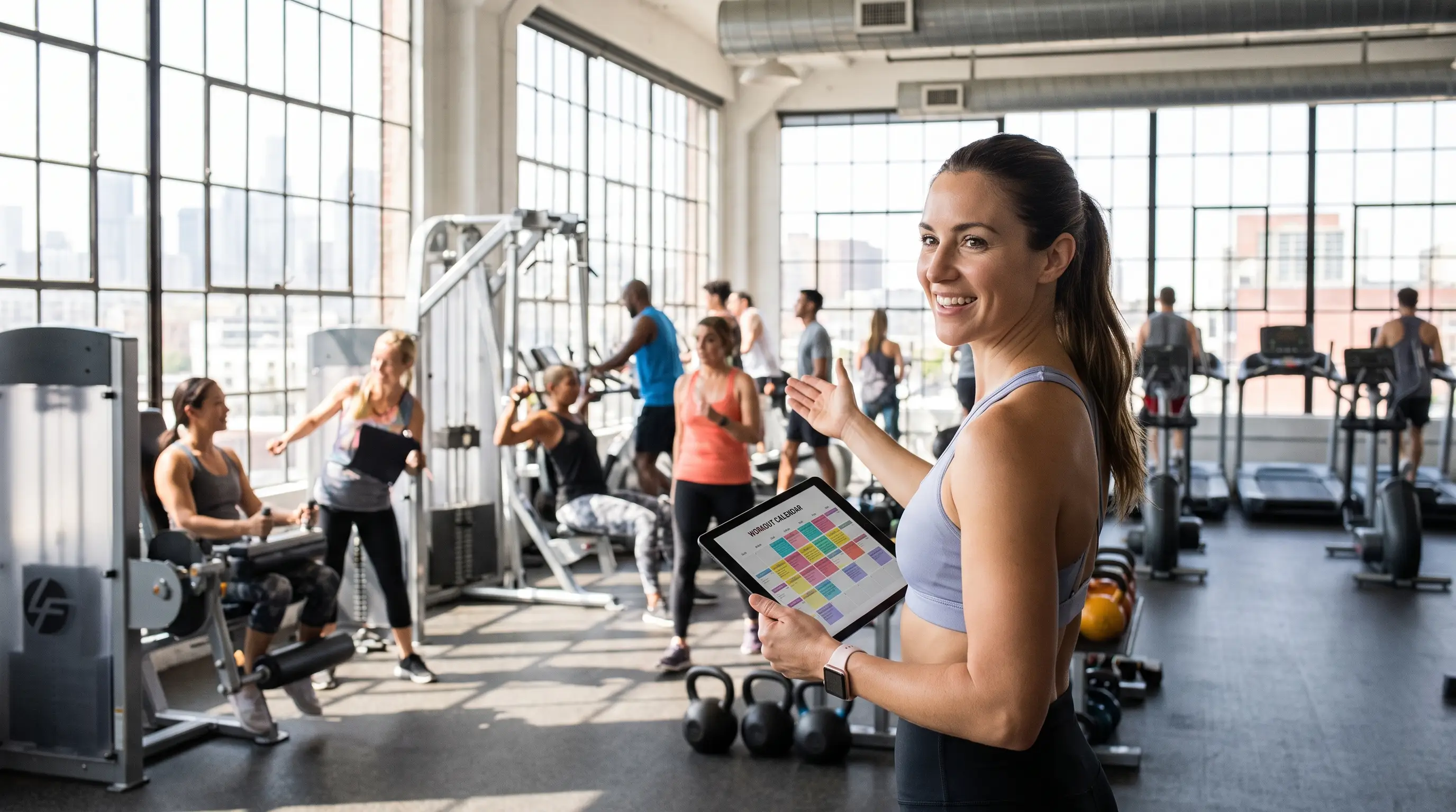 Personal trainer com tablet de treinos num ginasio moderno