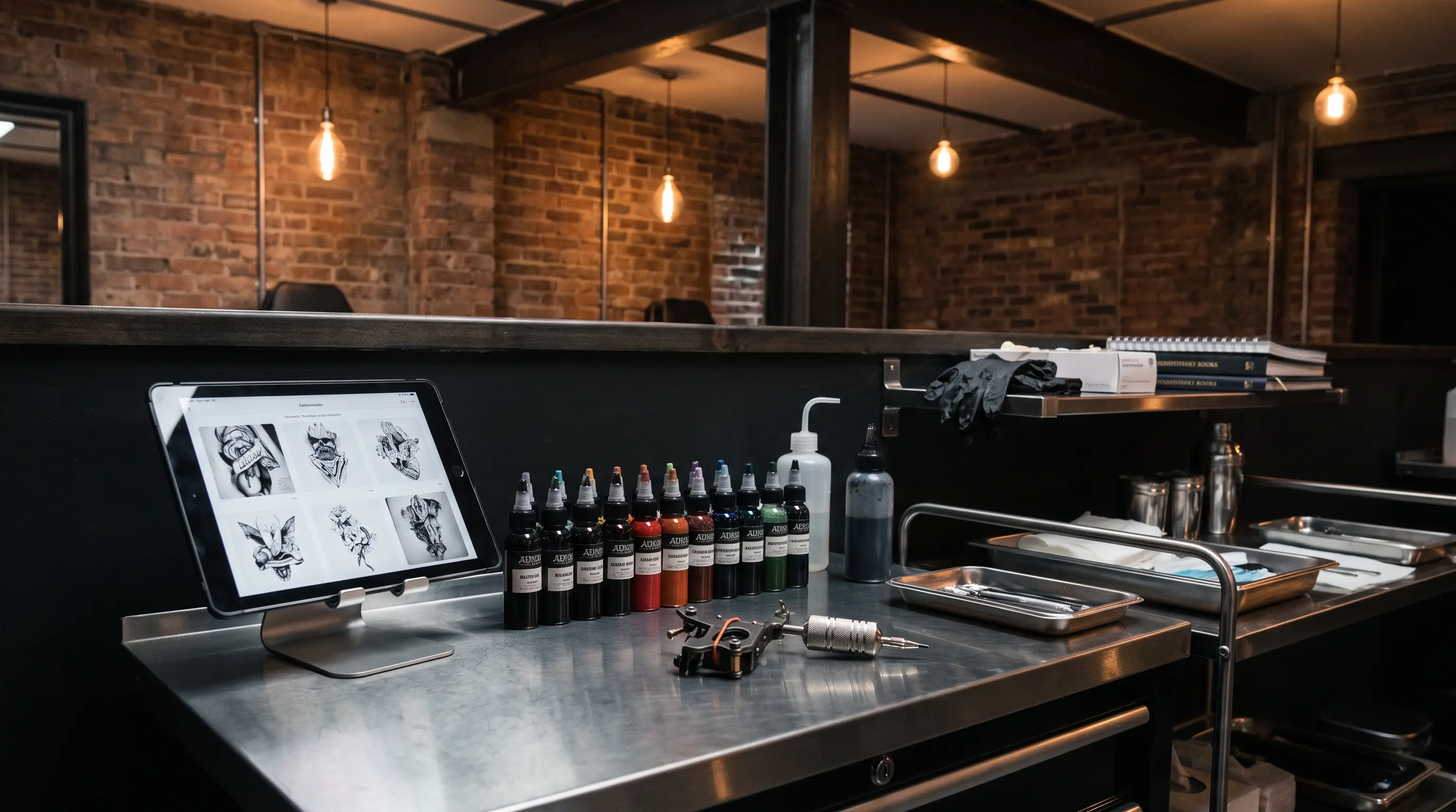 Estudio de tatuagem com maquina e frascos de tinta organizados