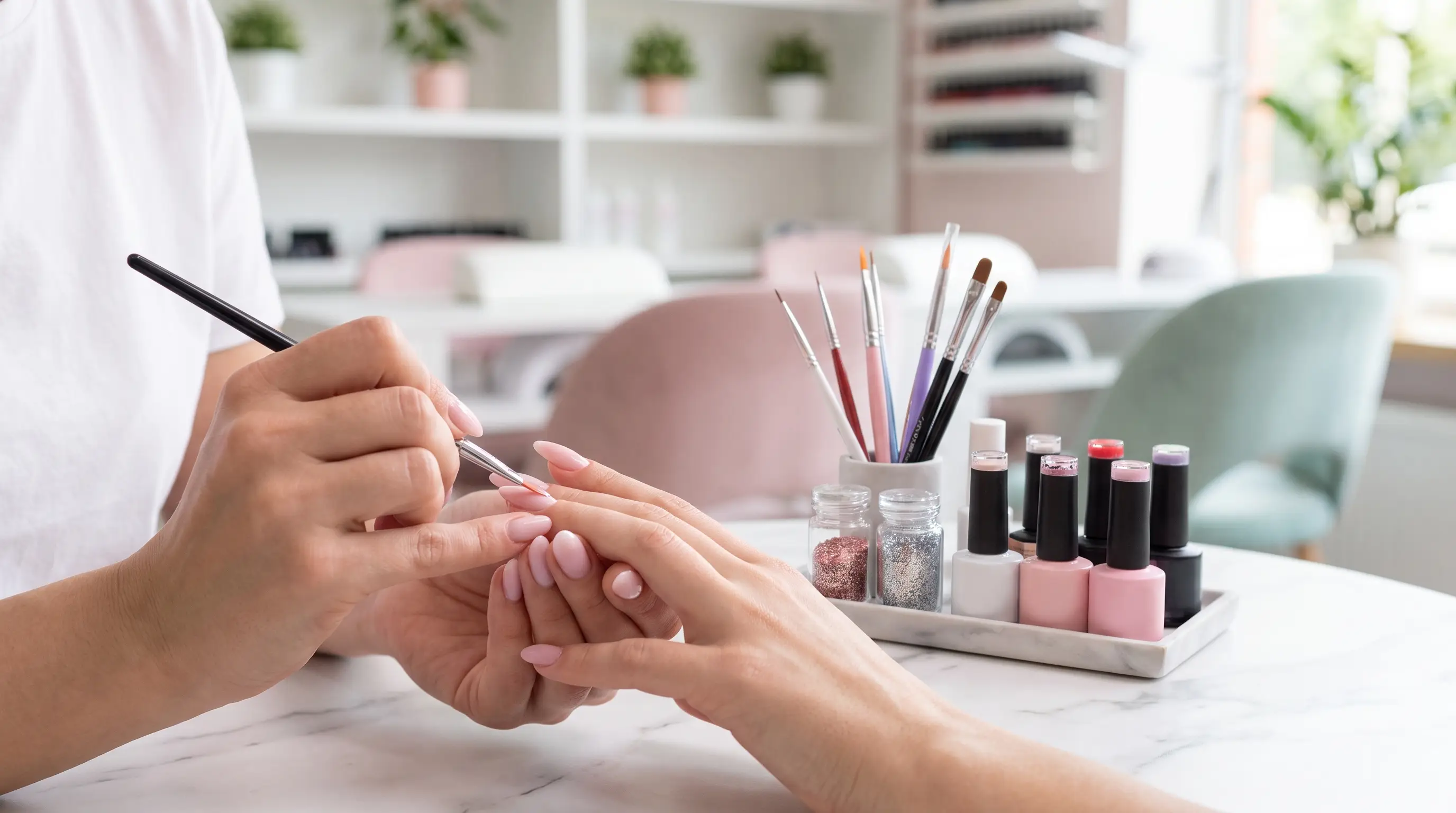 Tecnica de unhas a pintar gel numa cliente num salao moderno