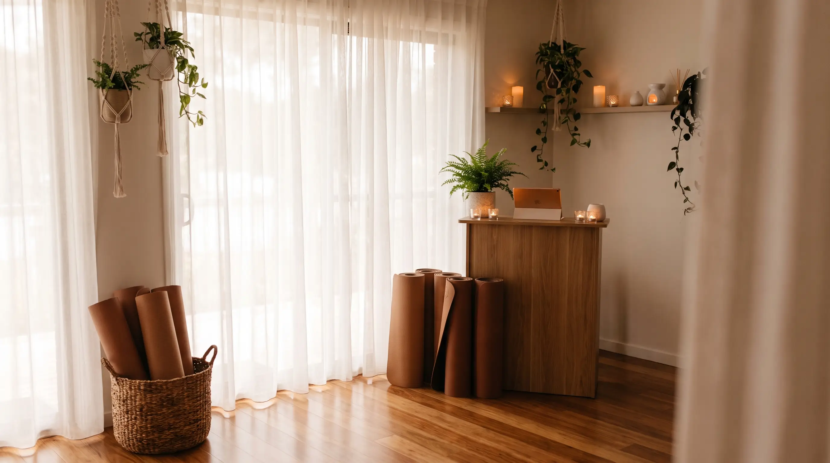 Estudio de yoga sereno com tapetes e luz natural suave